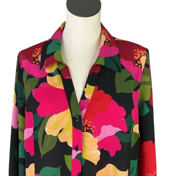 CAbi Top Women M Black Multi Flora Poppy Floral Crepe Long Sleeve Button Blouse - Picture 2 of 7